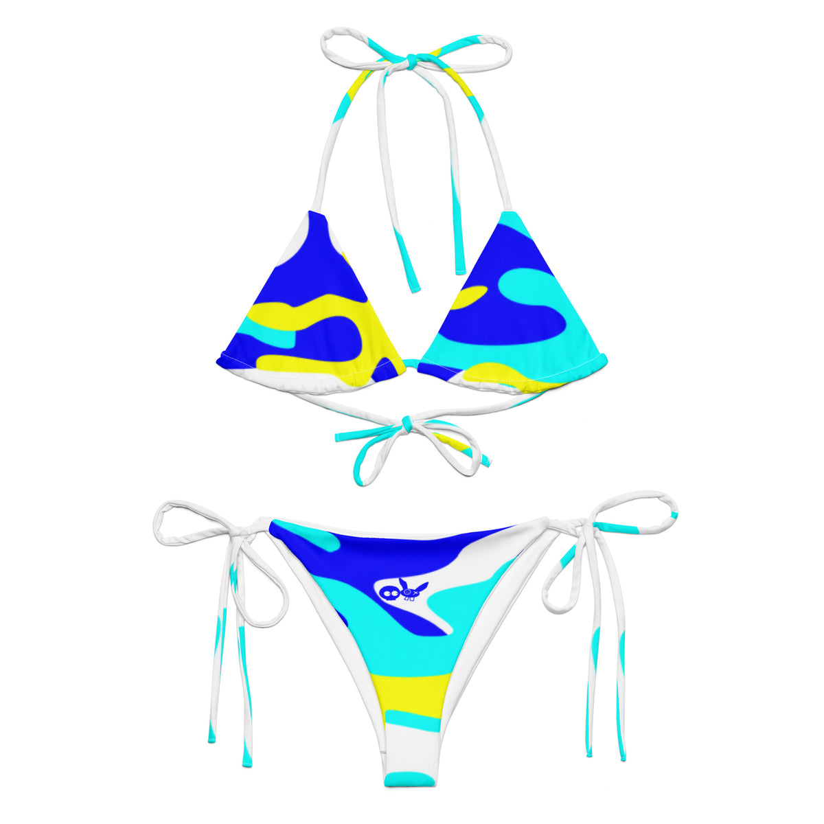 Camo-Splash String Bikini, White/Blue/Aqua/Yellow