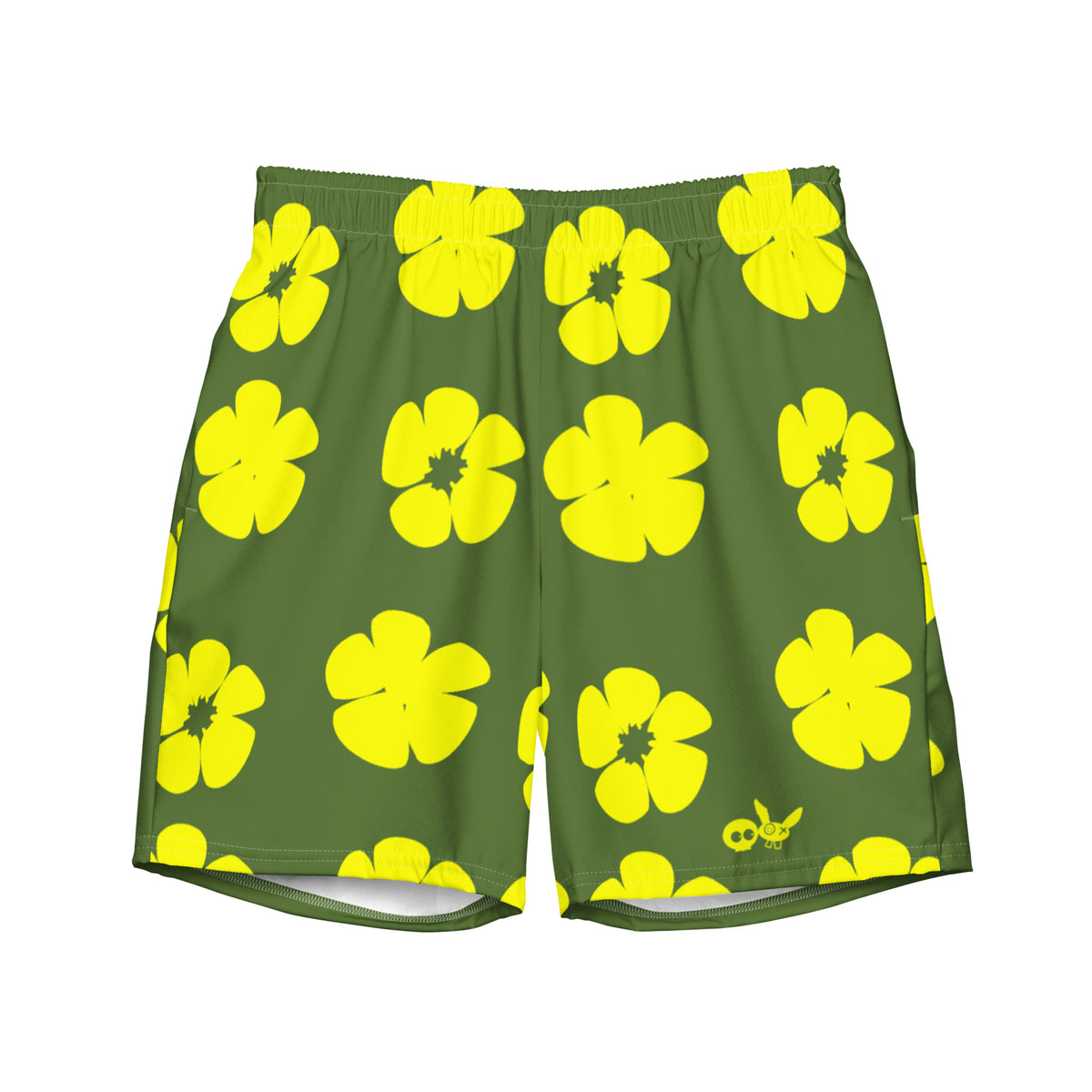 Swim &amp; Leisure Shorts, Hibiscus Flowers, olive/neon-yellow