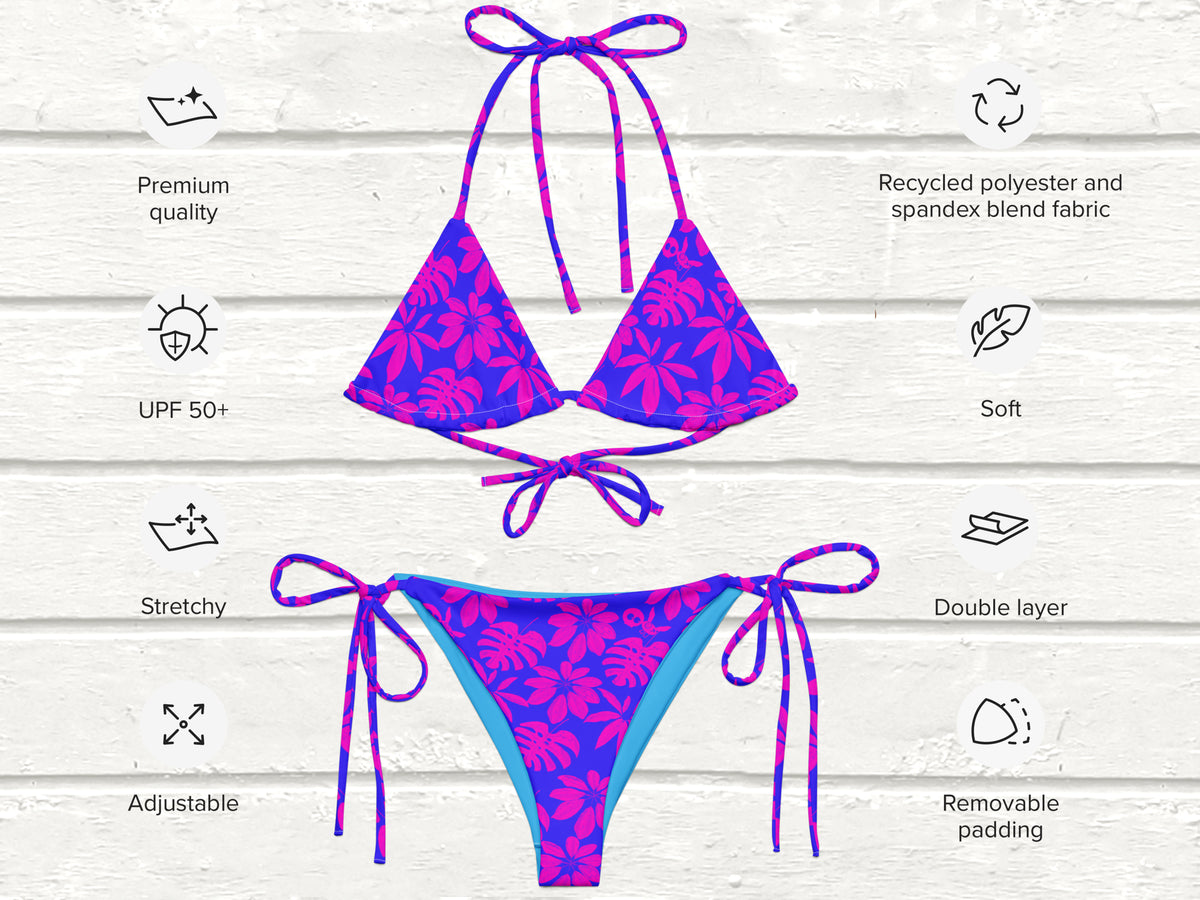 Floral String Bikini, Blue/Signal Pink