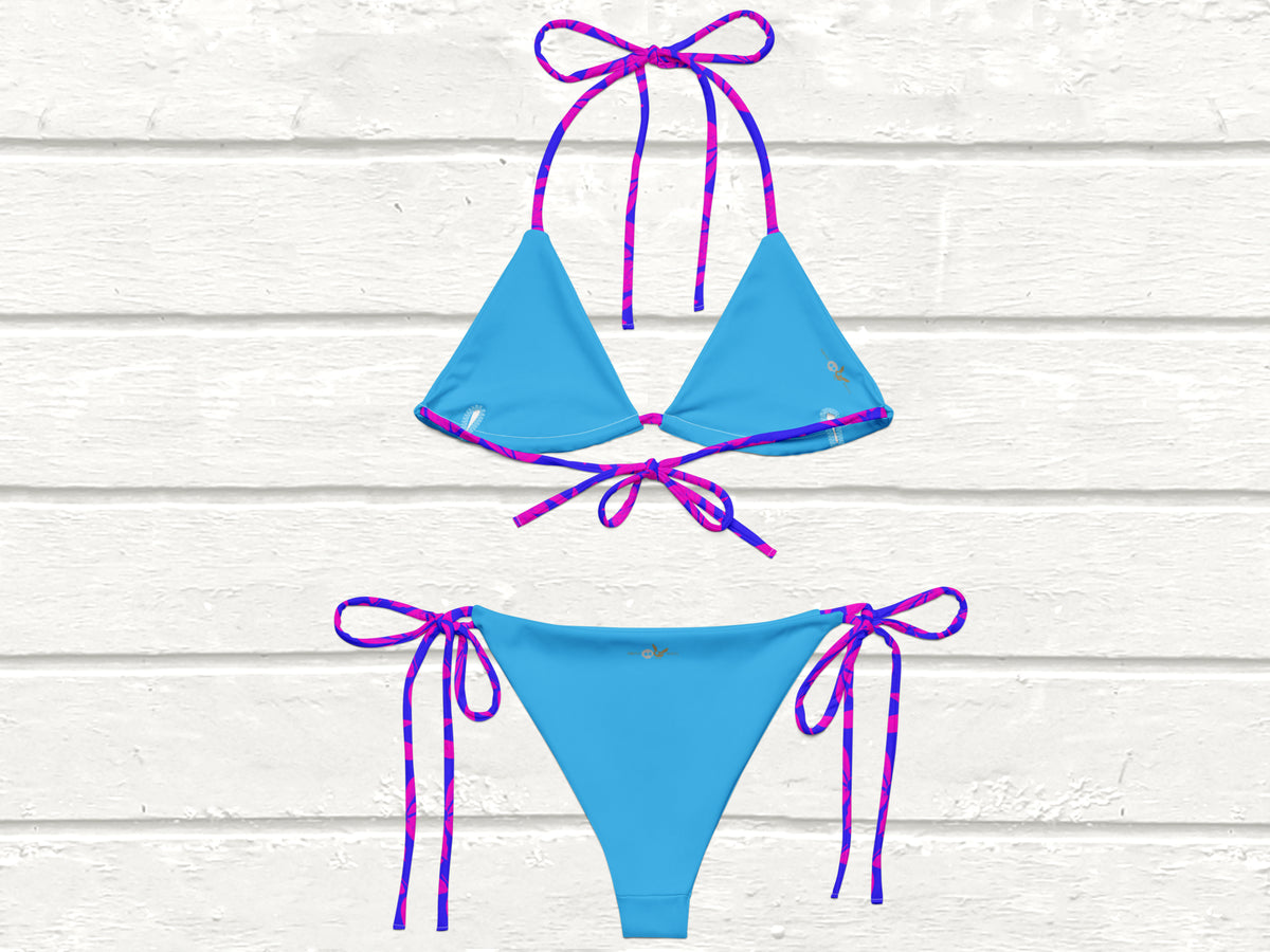 Floral String Bikini, Blue/Signal Pink