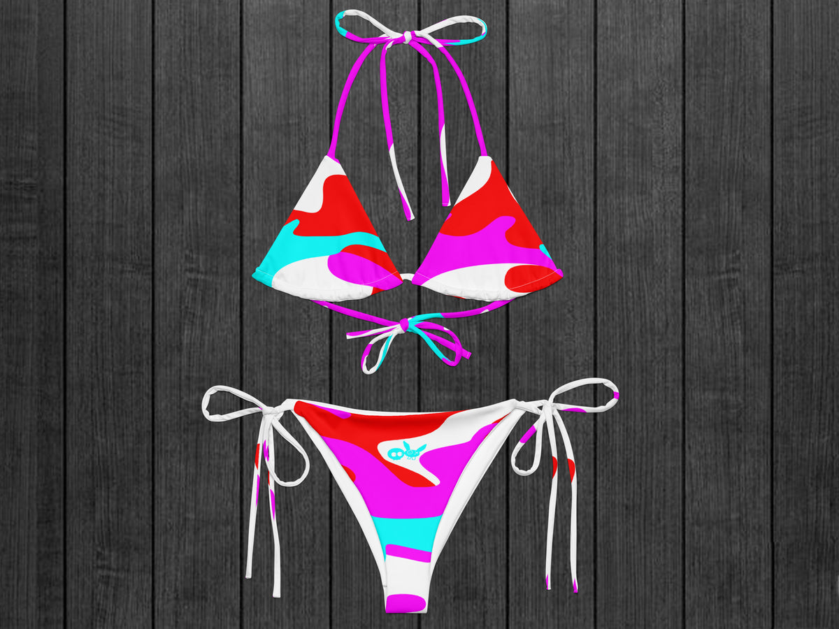 Camo-Splash String Bikini, White/Pink/Red/Aqua