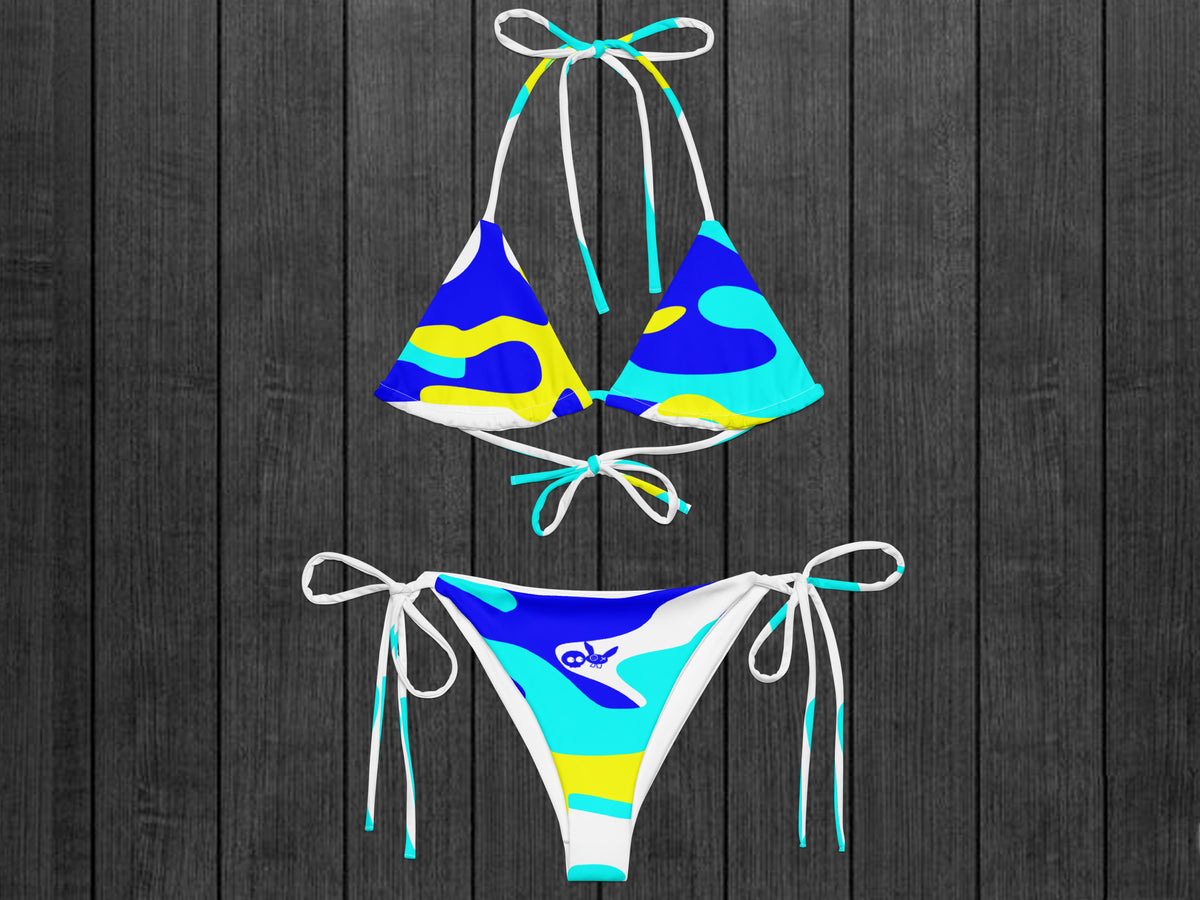 Camo-Splash String Bikini, White/Blue/Aqua/Yellow
