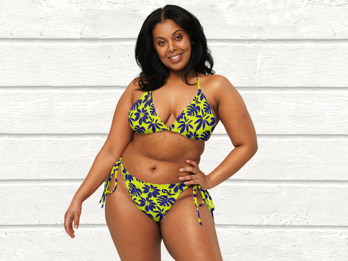 Floral String Bikini, Neon Yellow/Navy