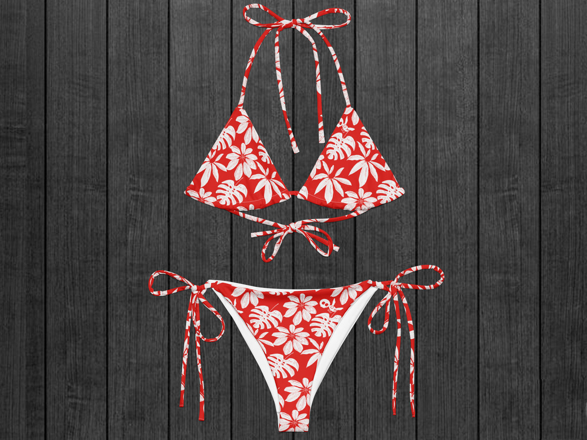 Floral String Bikini, Red/White